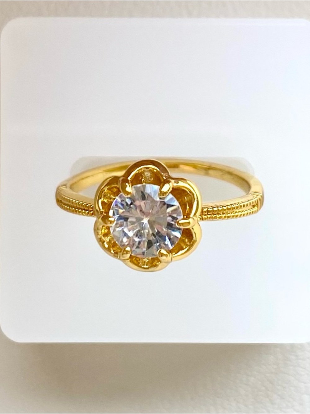 Gold Flower Halo Ring with Clear Center Stone
